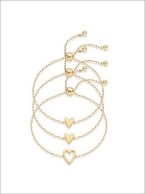14K Gold Plated Heart Charm Bracelet Set, 3-Piece Adjustable Link Bracelets